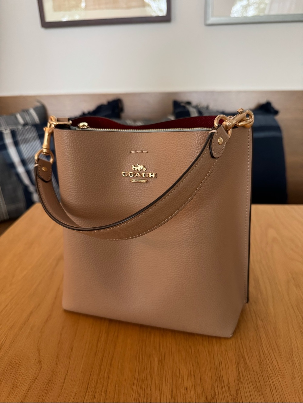 Coach Small Taupe Leather Bucket Bag with Gold Hardware and Blue & Red Interior